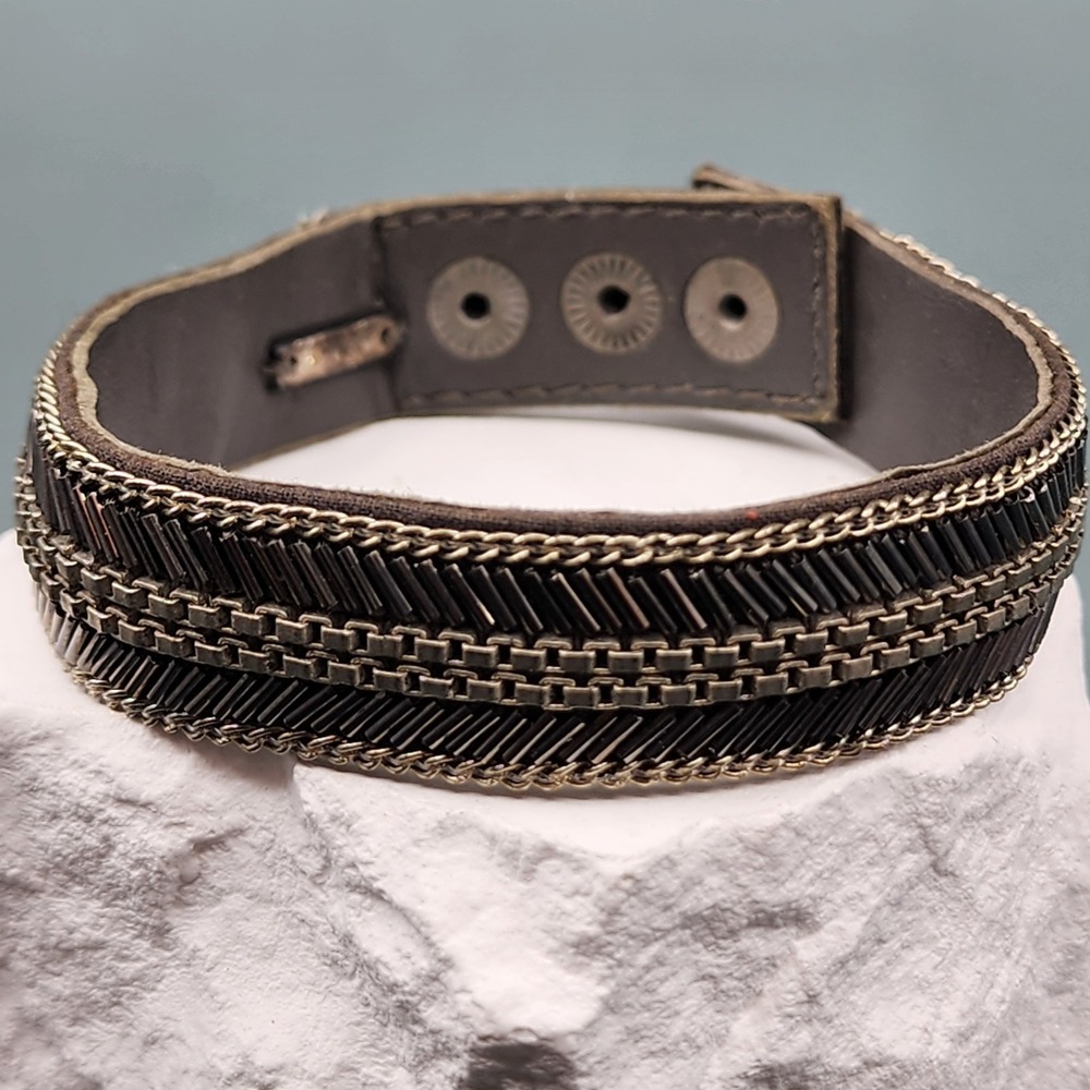 Stella & Dot Black Bugle Bead Chain Faux Leather Cuff Bracelet Gothic Statement